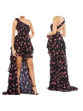 Mac Duggal Black Floral One-Shoulder Ruffle Hi-Low Gown
